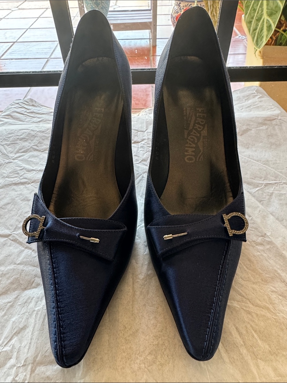 Salvatore Ferragamo Dark Navy Satin Pointed-Toe Pumps with Bow Accent